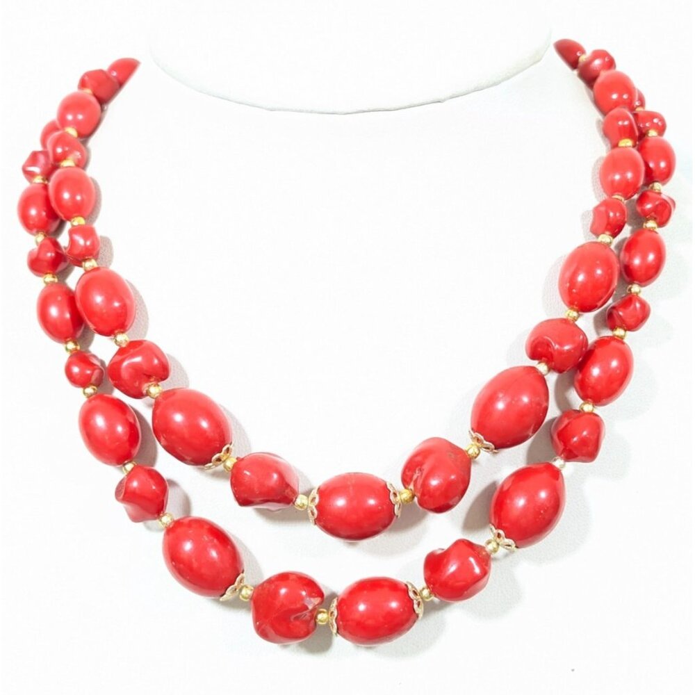 Vintage Japan Red Lucite Nugget Style Bead Two Layer Necklace MCM 16-19" Adjusts